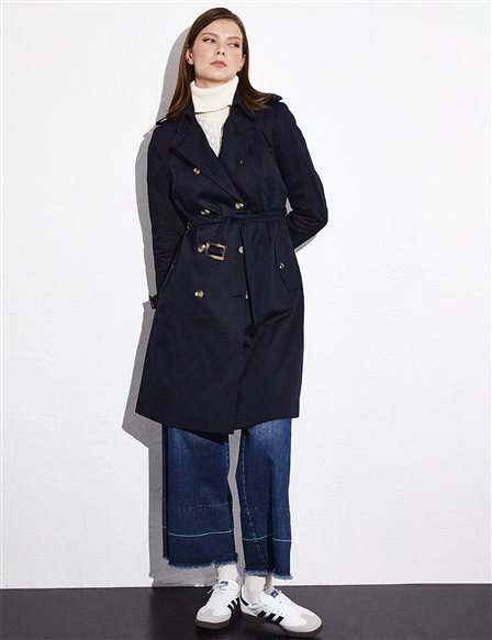 Bone Buttoned Classic Trench Coat Navy Blue