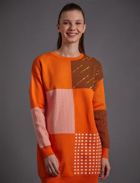 Soyut Desen Sıfır Yaka Triko Tunik Orange