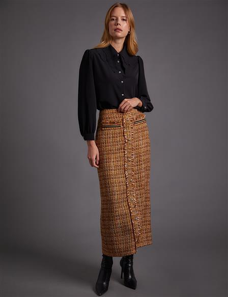 Buttoned Tweed Pencil Skirt Beige
