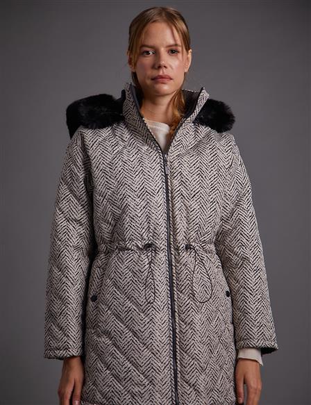 Abstract Patterned Faux Fur Coat Stone