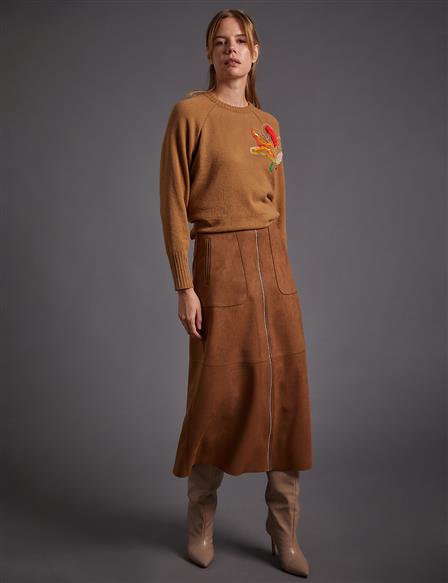Boydan Fermuarlı Süet Etek Camel