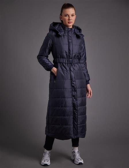 Belted Hooded Anorak Coat Dark Navy Blue