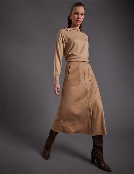 Zippered Suede Skirt Mink