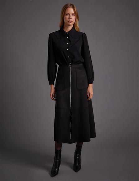 Full-length Zippered Suede Skirt Black
