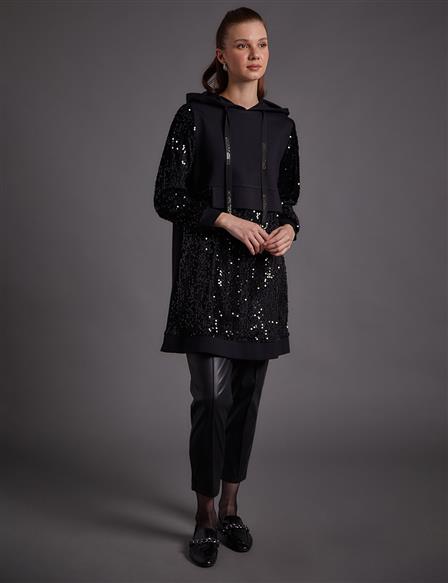 Hooded Sequined Tunic Black