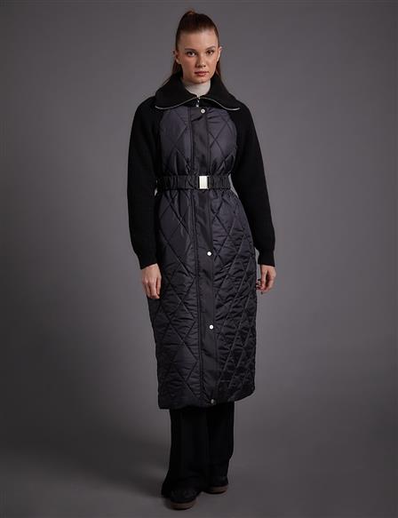 Belted Knitwear Garnished High Collar Coat Black