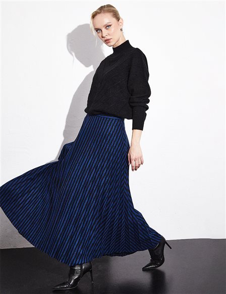Striped Pleated Skirt Black Navy Blue