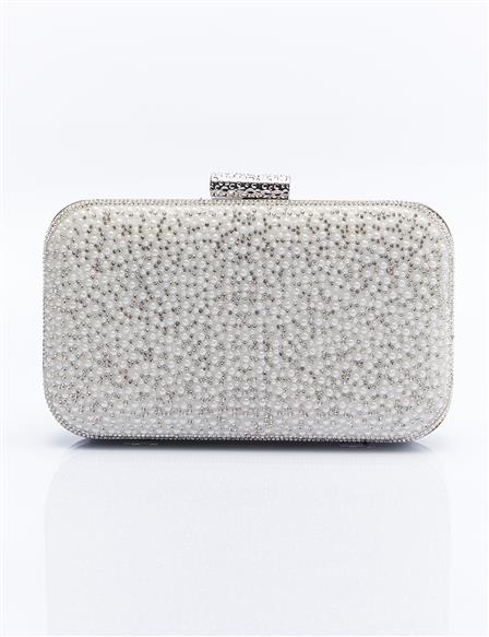 Double Sided Pearl Detailed Evening Bag Optical White