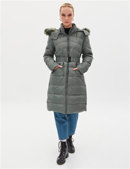 Removable Hooded Goose Down Coat Mold Green