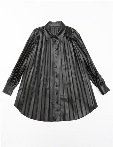 Shirt Collar Pleated Tunic Black