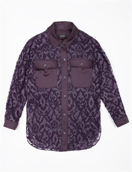 Leather Garnished Patterned Shirt Purple