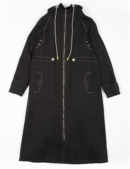 Adjustable Waist Hooded Anorak Coat Black