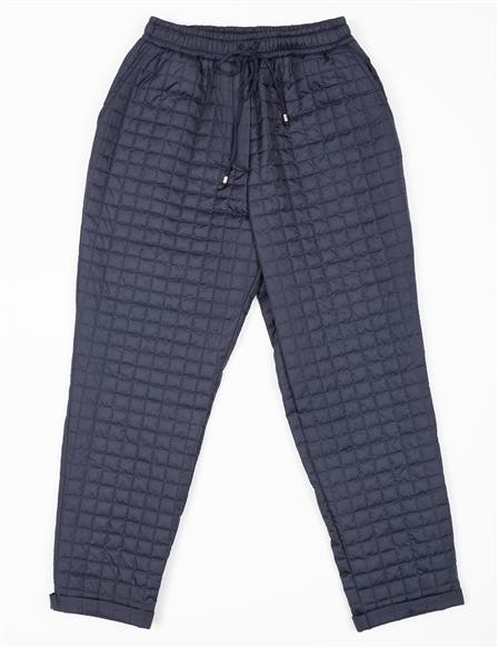 Quilted Patterned Elastic Waist Trousers Dark Navy Blue