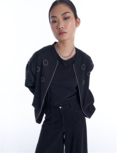 College Collar Zip-Up Jacket in Gray-Black