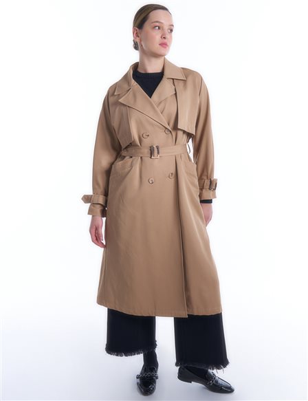 Double Breasted Collar Belt Detailed Trench Coat Beige