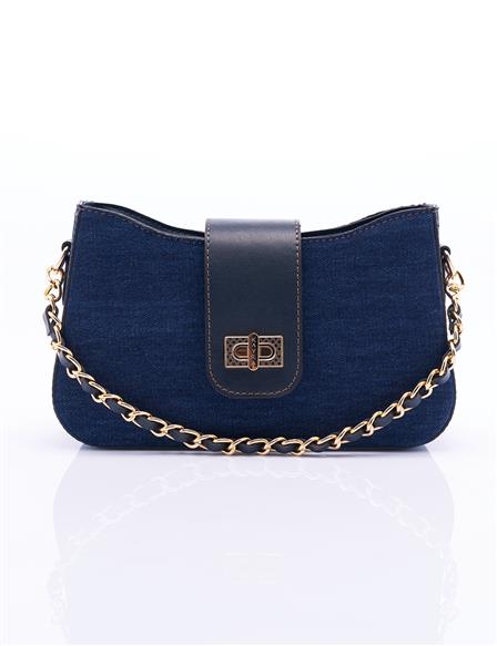 Flap-covered Chain-Strap Denim Bag in Blue