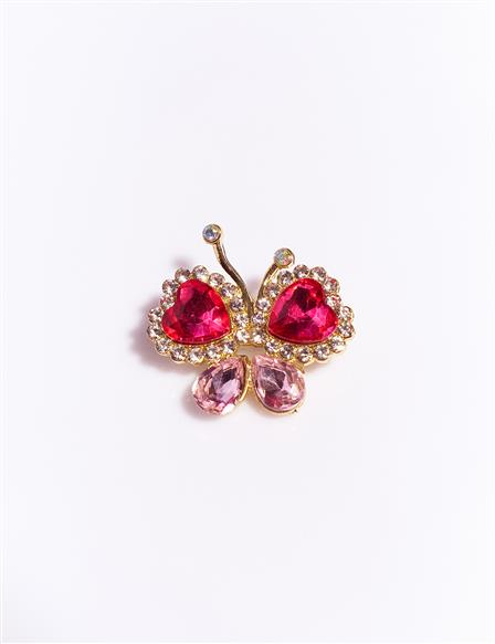 Stone Detailed Butterfly Brooch Pink