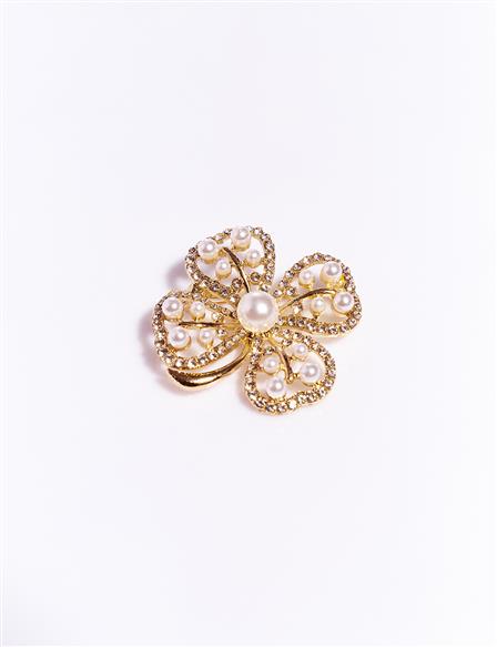 Pearl Detailed Clover Brooch Gold