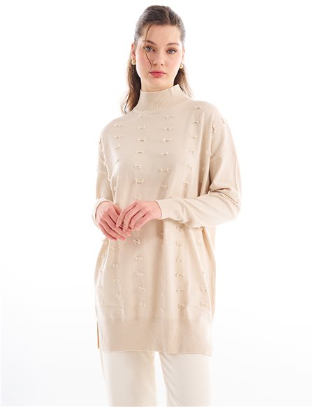 Decorative Tasseled Knitwear Tunic Beige