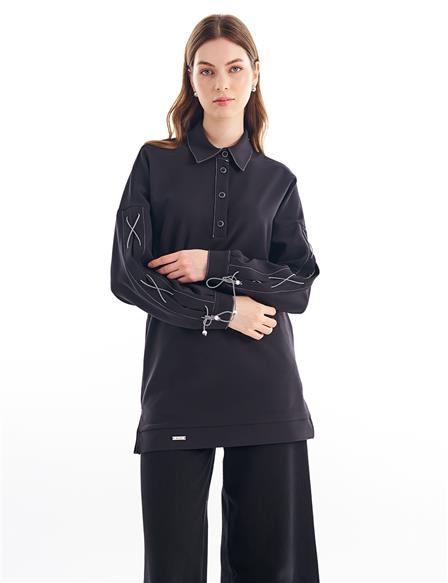 Shirt Collar Tunic with Lace Detail on Wrists Black
