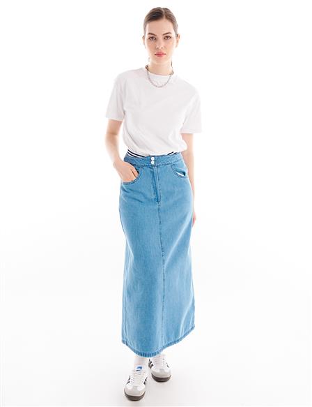 Elastic Waist Denim Skirt Blue