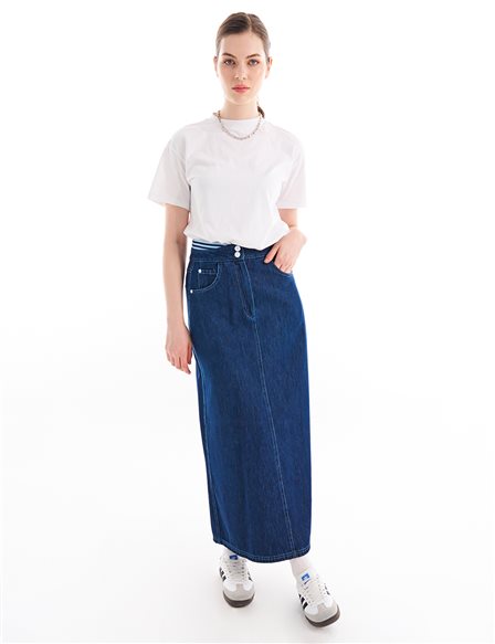 Elastic Waist Denim Skirt Navy Blue