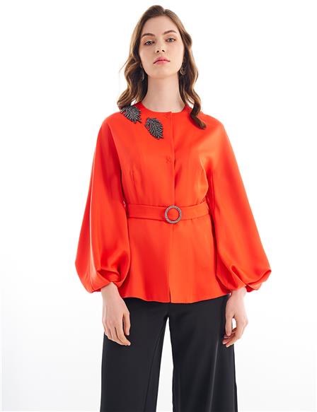Balloon Sleeve Jacket Coral with Metal Accessories