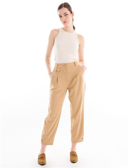 Pleated Accessory Detailed Elastic Waist Trousers Beige