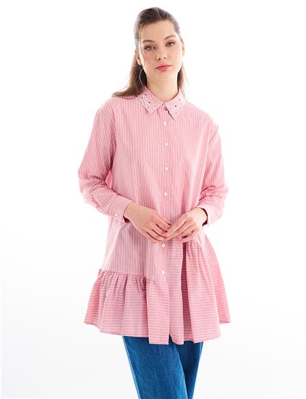 Embroidered Shirt Collar Tunic Red