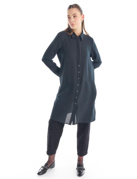 Placket Embroidered Shirt Collar Tunic Black