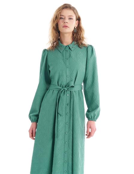 Stone Embroidered Collar Dress Lake Green