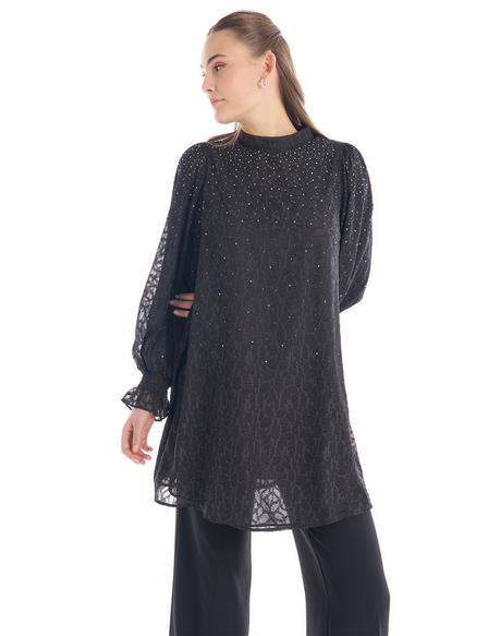 Magnificent Collar Abstract Pattern Stone Detailed Tunic Black