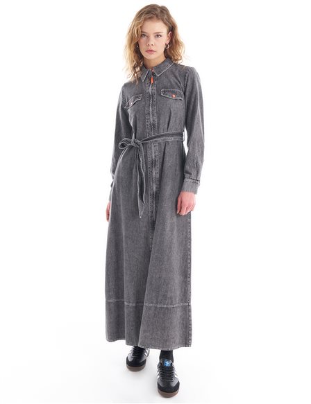 Adjustable Belt Detailed Denim Dress Light Gray