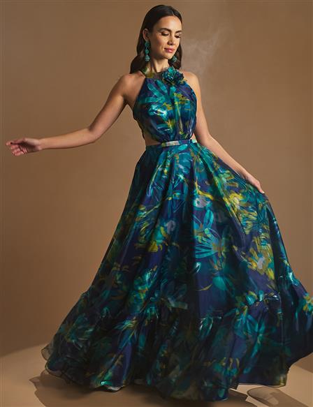 Floral Patterned Frilly Evening Dress Navy Blue