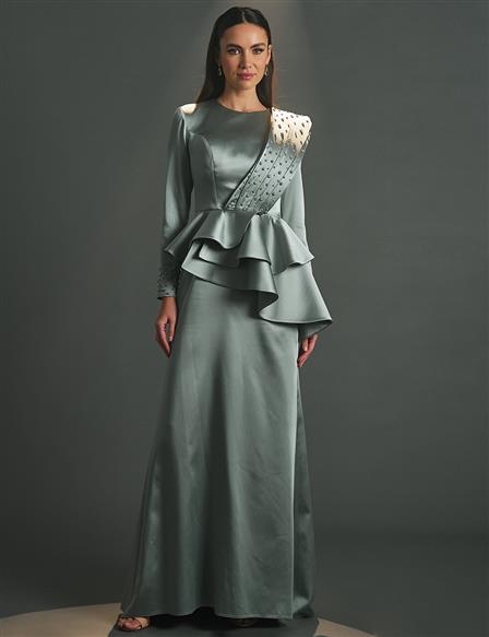 Embroidered Flounce Evening Dress Ice Green