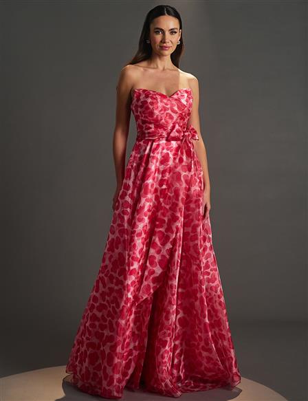 Strapless Abstract Pattern Evening Dress Fuchsia