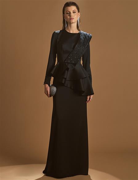 Embroidered Flounce Evening Dress Black