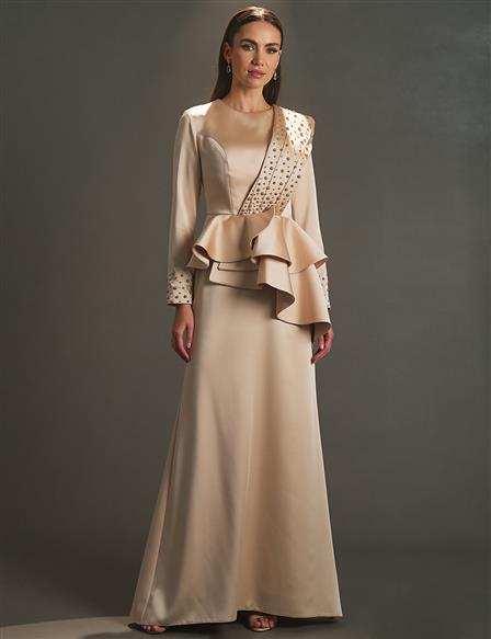 Embroidered Flounce Evening Dress Copper