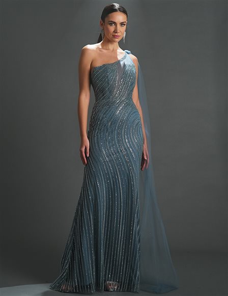 Tulle Detailed Embroidered Fish Form Evening Dress Granite Blue