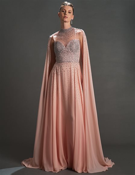 Flowing Evening Dress with Cape Powder