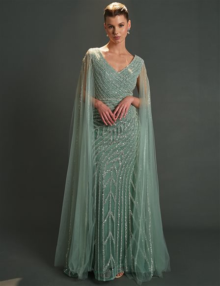Cape Fish Form Evening Dress Sage