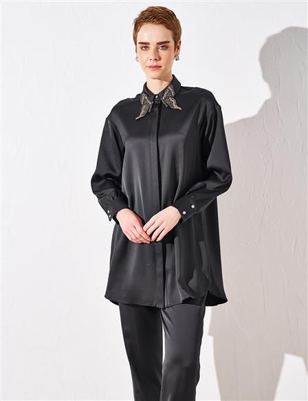 Butterfly Embellished Satin Tunic Black