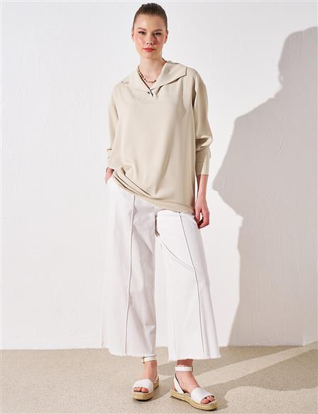 Embroidered Wide Collar Tunic Cream