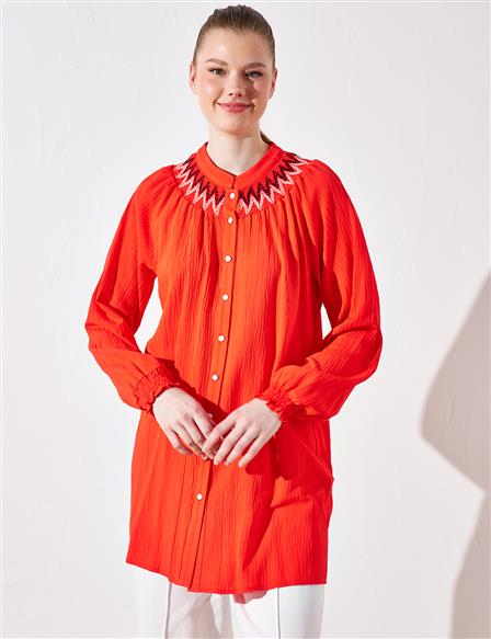 Embroidered Collar Tunic Red