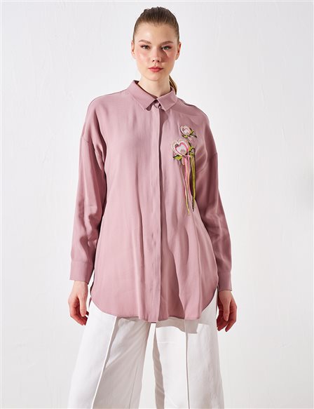 Embroidery Appliqued Shirt Collar Tunic Powder