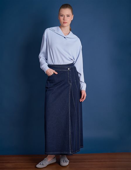 Cross Button Pleated Denim Skirt Navy Blue