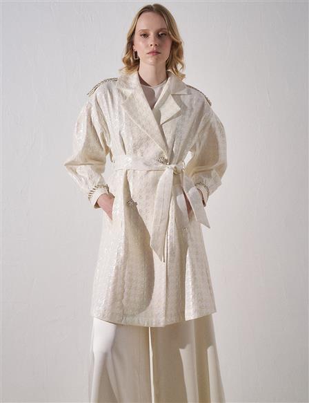 Goose Feet Patterned Jacquard Double Breasted Trench Coat Ecru