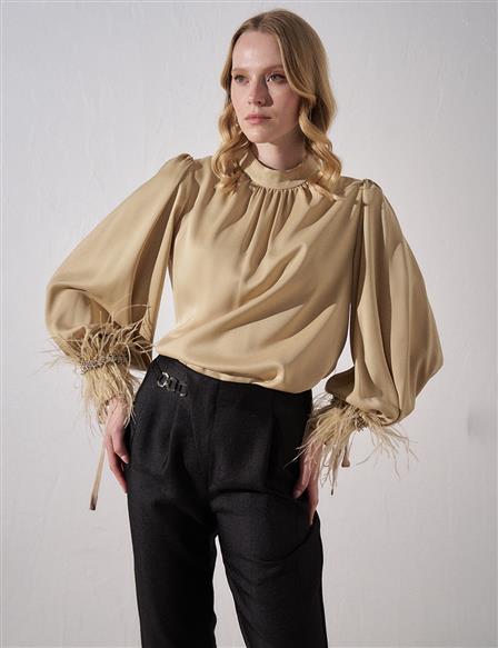 Stone Embroidered Satin Blouse Beige