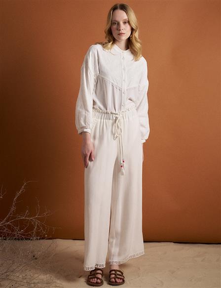 Lace Waist Ribbon Lace Detailed Tencel Trousers Optical White