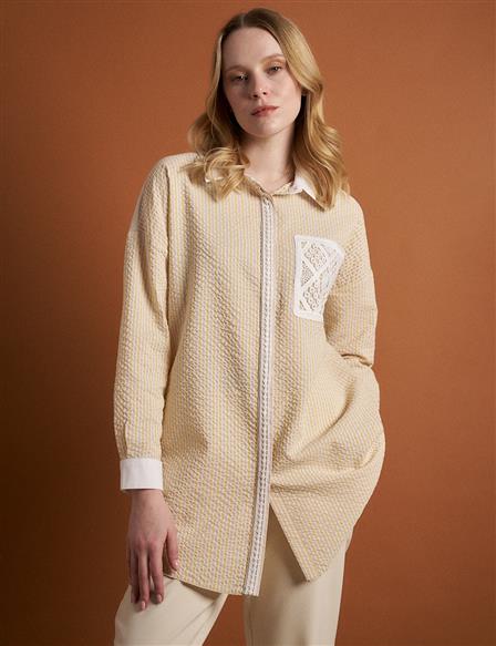 Lace Mixed Ribbon Detailed Embossed Tunic Beige-Mustard